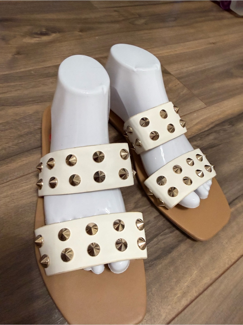 Nine West Ivory Double-Strap Stud Slide Sandals
